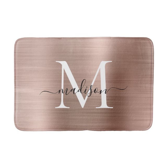 Elegant Rose Gold Brushed Metal Monogram Script Bath Mat (Front)