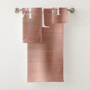 Elegant Rose Gold Brushed Metal Monogram Script Bath Towel Set