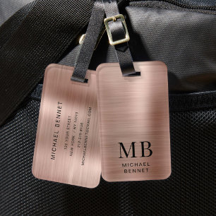 Elegant Rose Gold Brushed Metal Monogrammed Luggage Tag