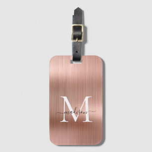 Elegant Rose Gold Brushed Metal Script Monogram Luggage Tag