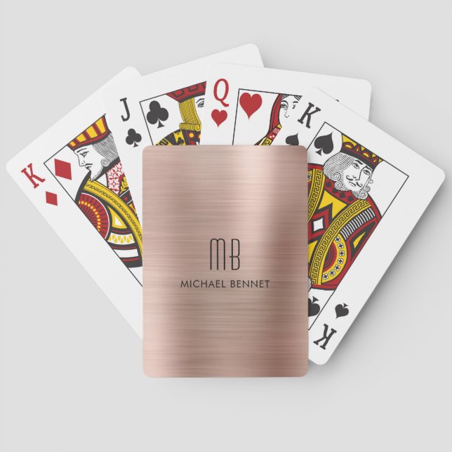 Elegant Rose Gold Brushed Metallic Monogram Name Playing Cards (Back)