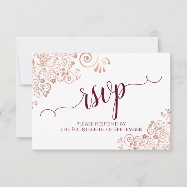 Elegant Rose Gold & Burgundy Calligraphy Wedding RSVP Card (Front)