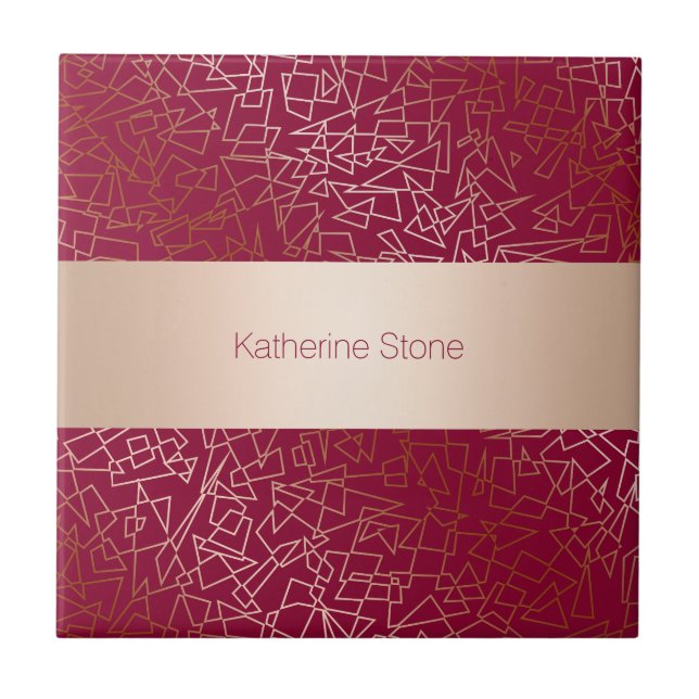 Elegant rose gold & burgundy geometric pattern tile (Front)
