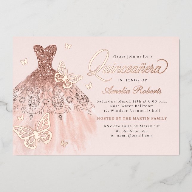 Elegant Rose Gold Butterfly Dress Quinceanera  (Front)