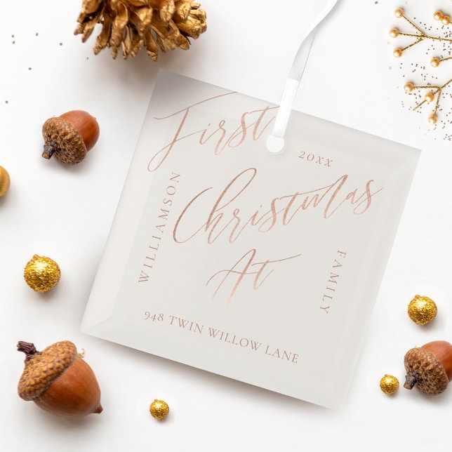 Elegant Rose Gold Calligraph Christmas New Home Glass Ornament (Elegant Rose Gold Calligraph Christmas New Home Glass Ornament)