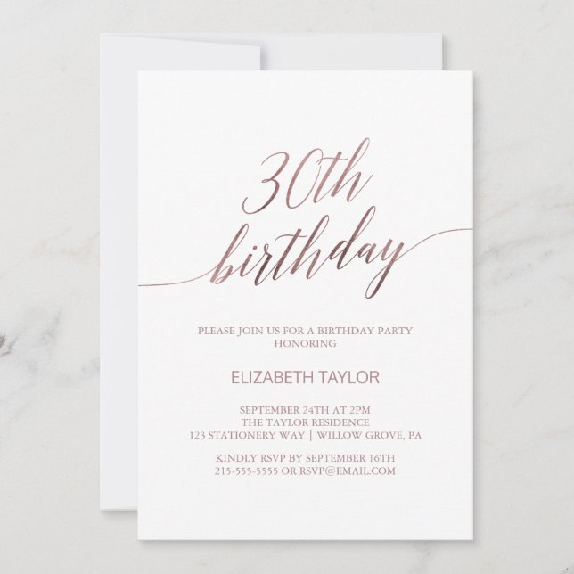 Elegant Rose Gold Calligraphy 30th Birthday Invitation (Front)