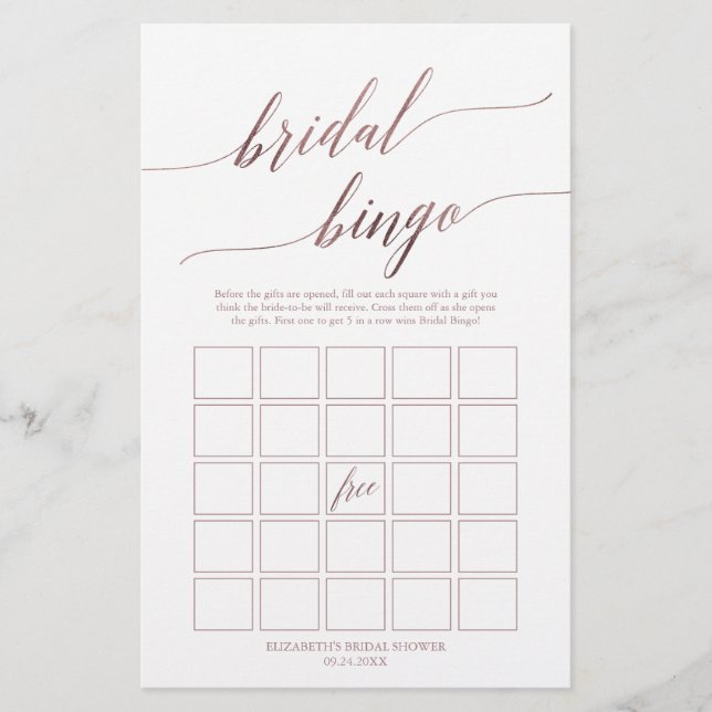 Elegant Rose Gold Calligraphy Bridal Bingo Game Flyer (Front)
