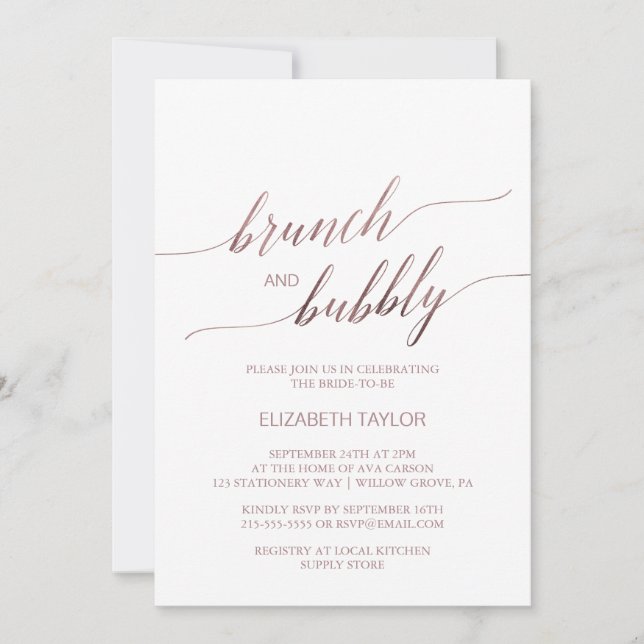 Elegant Rose Gold Calligraphy Brunch & Bubbly Invitation (Front)