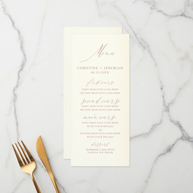 Elegant Rose Gold Calligraphy Champagne Wedding Menu (Front/Back In Situ)
