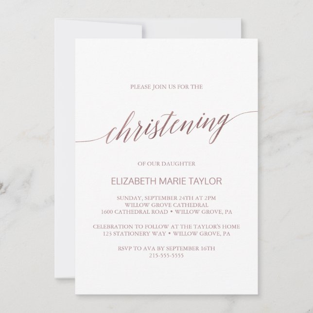 Elegant Rose Gold Calligraphy Christening Invitation (Front)