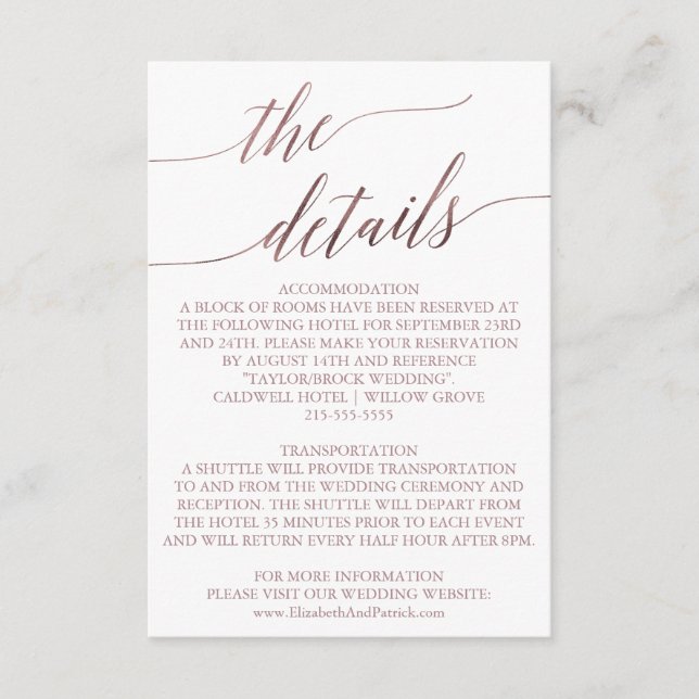 Elegant Rose Gold Calligraphy Details Insert Card (Front)