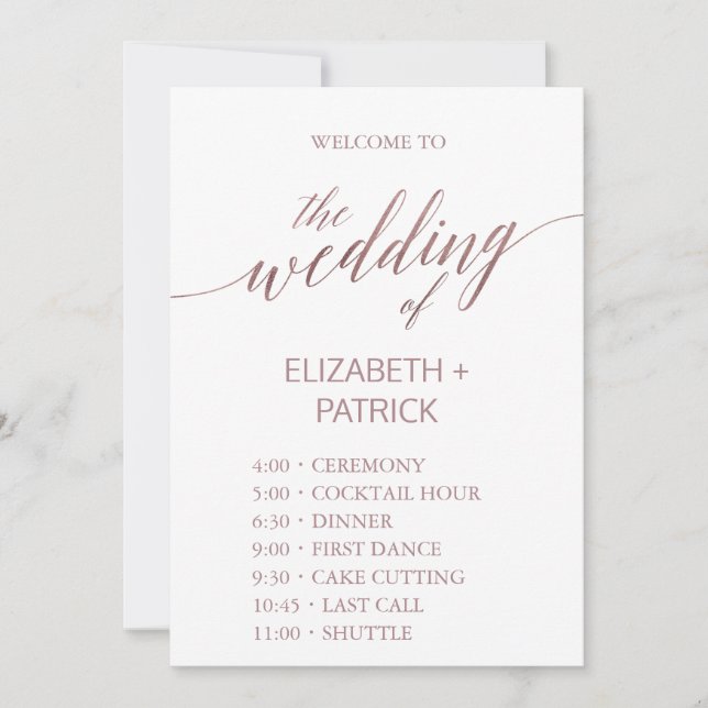 Elegant Rose Gold Calligraphy Order of Events Card (Front)
