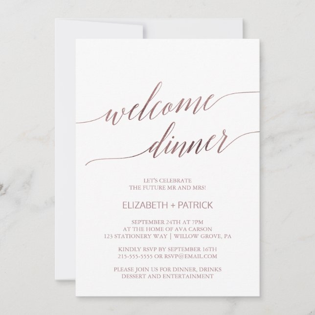Elegant Rose Gold Calligraphy Welcome Dinner Invitation (Front)