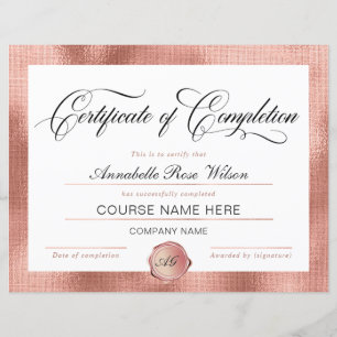 Elegant Rose Gold Certificate of Completion Award 