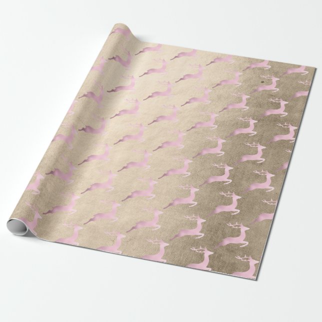 Elegant rose gold Christmas reindeer pattern Wrapping Paper (Unrolled)