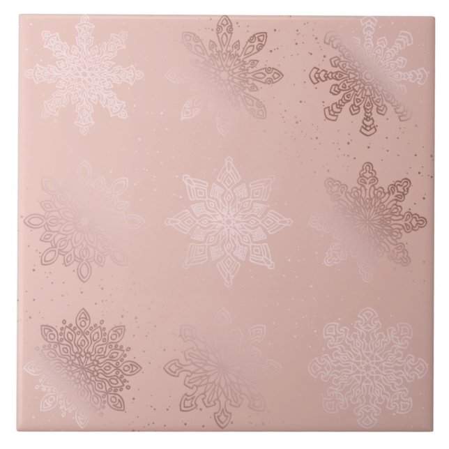Elegant Rose Gold Christmas Snowflake Pattern Tile (Front)