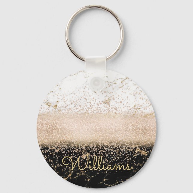 Elegant rose gold confetti marble design keychain (Front)