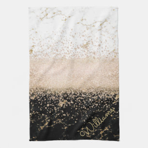 Elegant rose gold confetti marble design kitchen towel