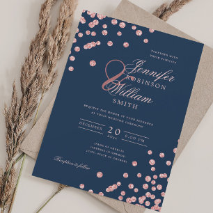 Elegant Rose Gold Confetti QR Wedding Navy Blue Invitation