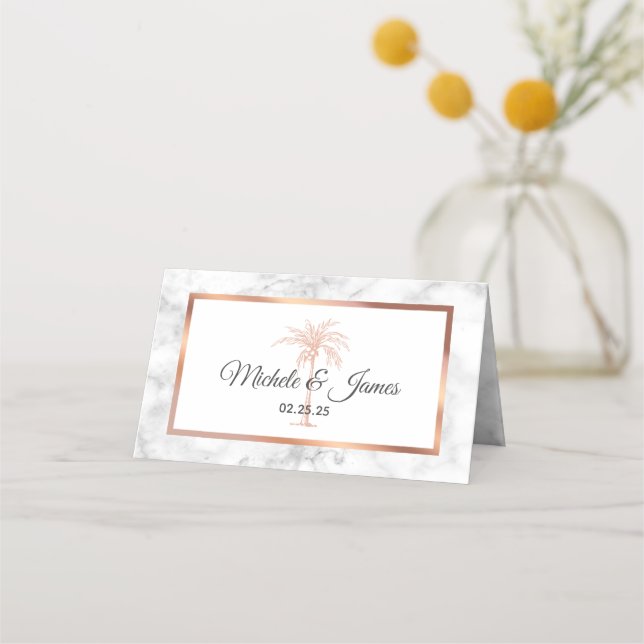 Elegant Rose Gold Copper Palm Tree Marble Wedding Place Card (Front)