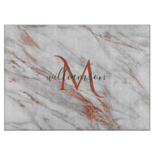 Elegant Rose Gold Copper White Marble Monogram Cutting Board