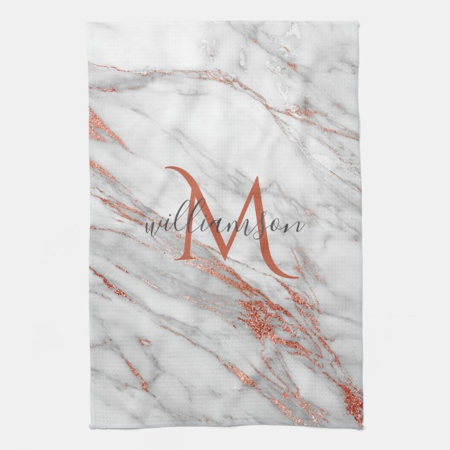 Elegant Rose Gold Copper White Marble Monogram  Kitchen Towel (Vertical)