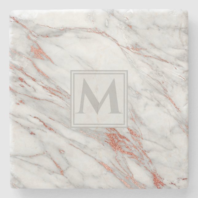 Elegant Rose Gold Copper White Marble Monogram Stone Coaster (Front)