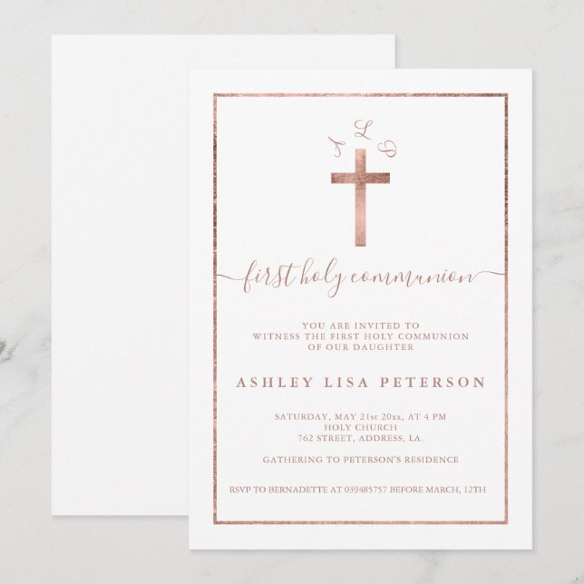 Elegant rose gold cross monogram first communion invitation (Front/Back)