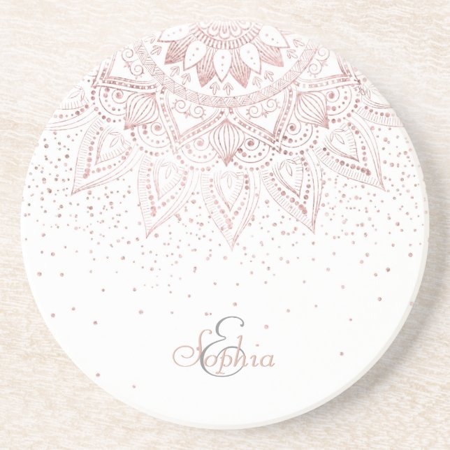 Elegant Rose Gold Dots Mandala Coaster (Front)