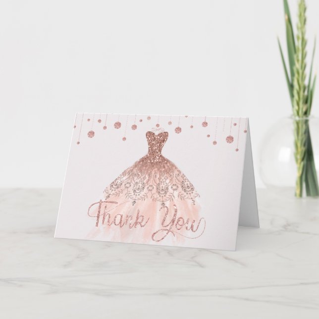 Elegant Rose Gold Dress Quinceañera 15th Birthday Thank You Card (Front)