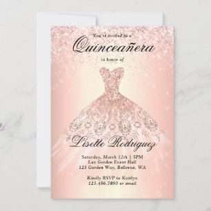 Elegant Rose Gold Dress Quinceanera Invitation