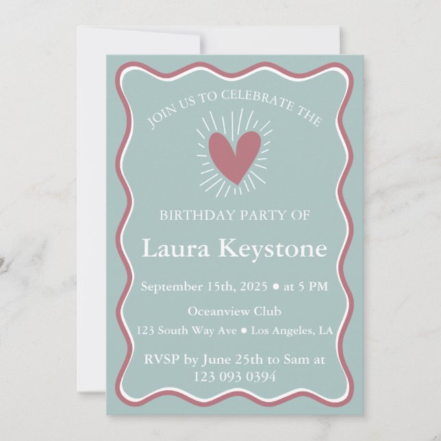 Elegant Rose Gold, Dusty Blue  & White Wavy Border Invitation (Front)