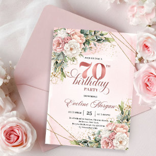 Elegant Rose Gold Dusty Pink Floral 70th Birthday  Invitation