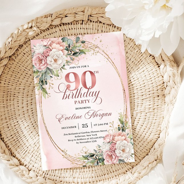 Elegant Rose Gold Eucalyptus 90th Birthday Invite (Elegant Rose Gold Eucalyptus 90th Birthday Invitation)