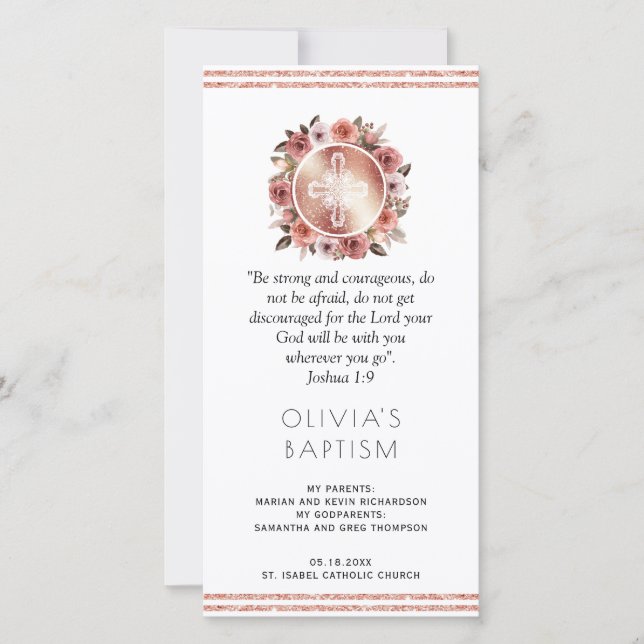 Elegant Rose Gold Floral Baptism Bookmark Favour Thank You Card (Front)