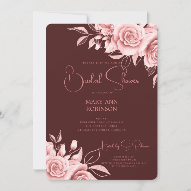 Elegant Rose Gold Floral Bridal Shower Burgundy  Invitation (Front)