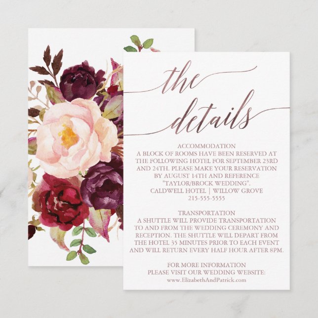 Elegant Rose Gold | Floral Details Insert Card (Front/Back)