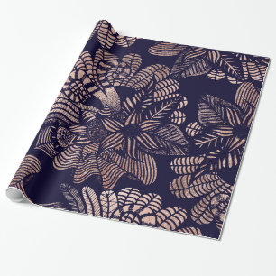 Elegant Rose Gold Floral Drawings on Navy Blue Wrapping Paper