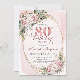 Elegant Rose Gold Floral Eucalyptus 80th Birthday Invitation