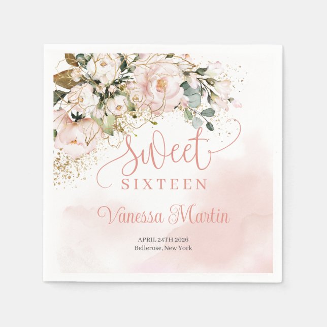 Elegant rose gold floral eucalyptus gold Sweet 16 Napkin (Front)