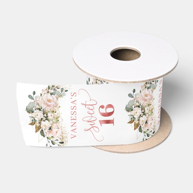 Elegant rose gold floral eucalyptus sweet sixteen satin ribbon (Spool)