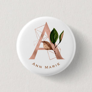 Elegant Rose Gold Floral Monogram Bridal Party  1 Inch Round Button