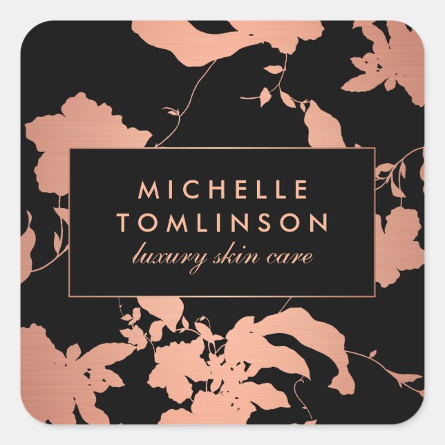 Elegant Rose Gold Floral Pattern Black Square Sticker (Front)