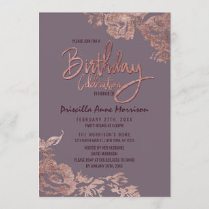 Elegant Rose Gold Floral Purple Mauve Birthday Invitation