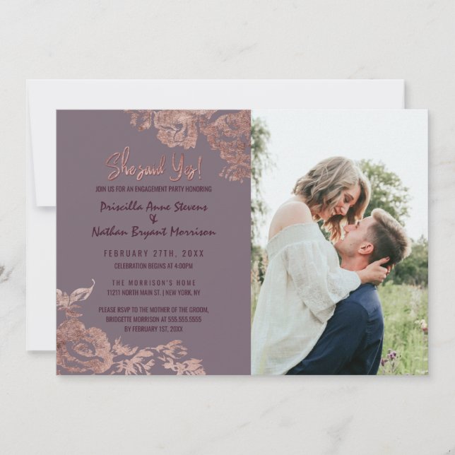 Elegant Rose Gold Floral Purple Mauve Engagement Invitation (Front)