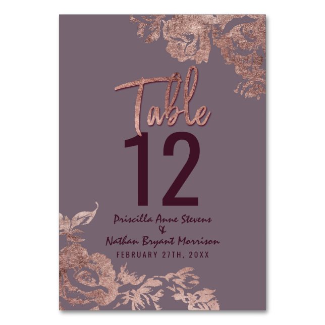 Elegant Rose Gold Floral Purple Mauve Table Number (Front)