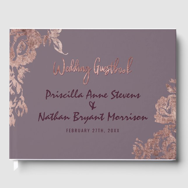 Elegant Rose Gold Floral Purple Mauve Wedding Guest Book (Front)