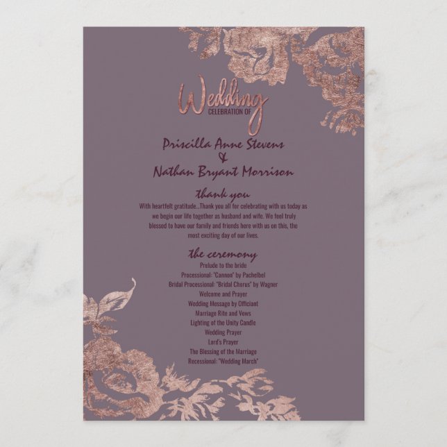 Élégant Rose Gold Floral Purple Wedding Programme (Devant)