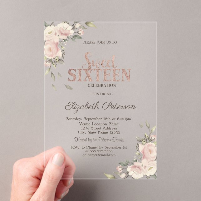Elegant Rose Gold Floral Sweet 16 Birthday Acrylic Invitations (Insitu (Handheld))