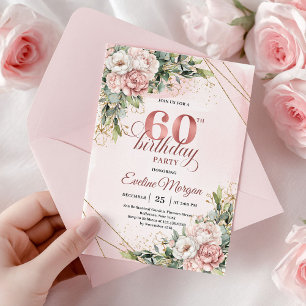 Elegant Rose Gold Floral Watercolor 60th Birthday  Invitation